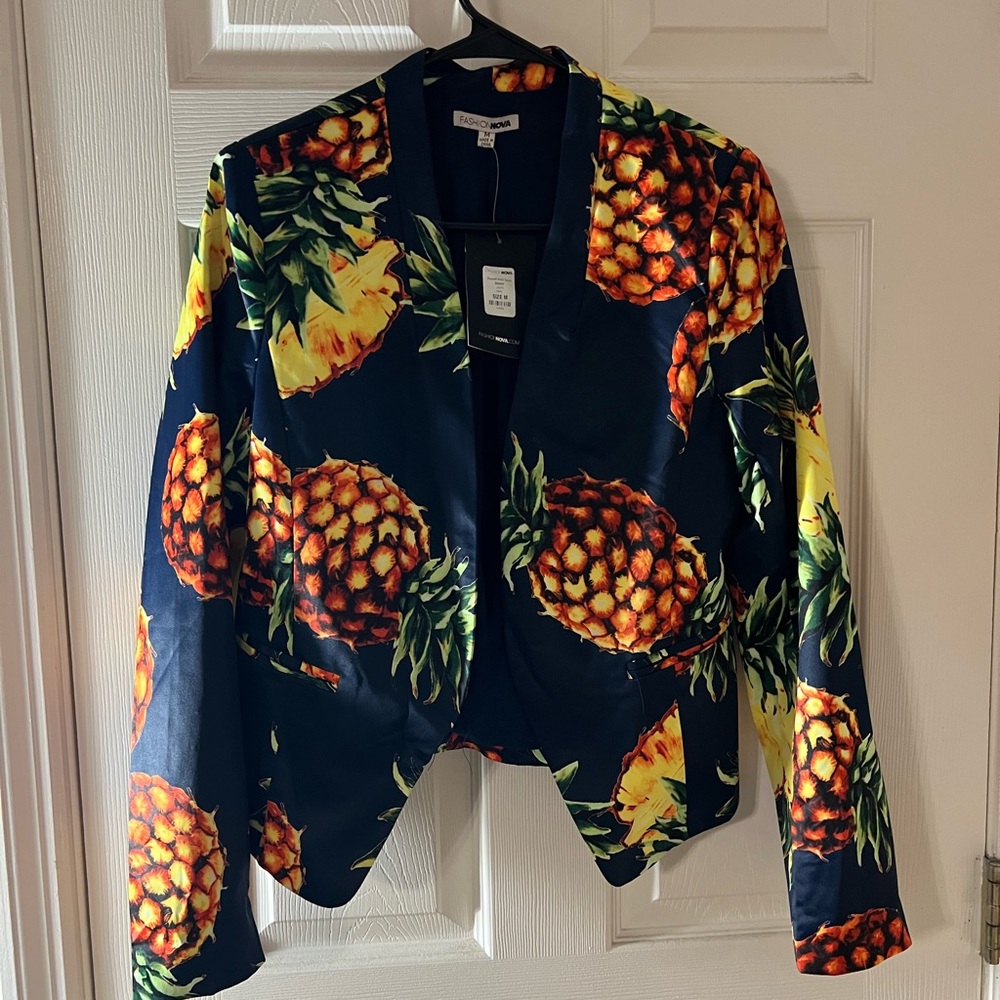 Fashion Nova Pineapple Print Blazer - Navy and Yellow
